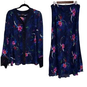 Francesca Floral Sheer Blouse SzXL & Navy Lined Floral Maxi Skirt Sz Large